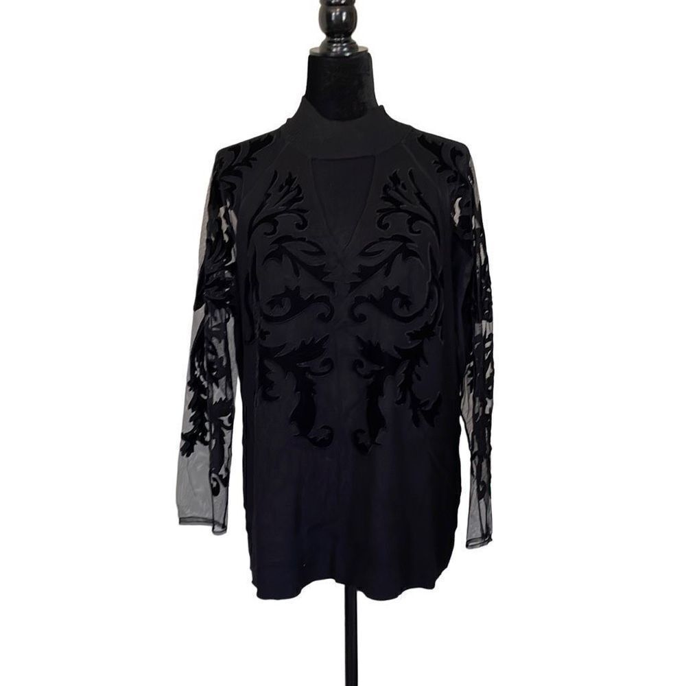 INC International Concepts Womens Black Lace Mesh Sleeve Sweater Size 1X